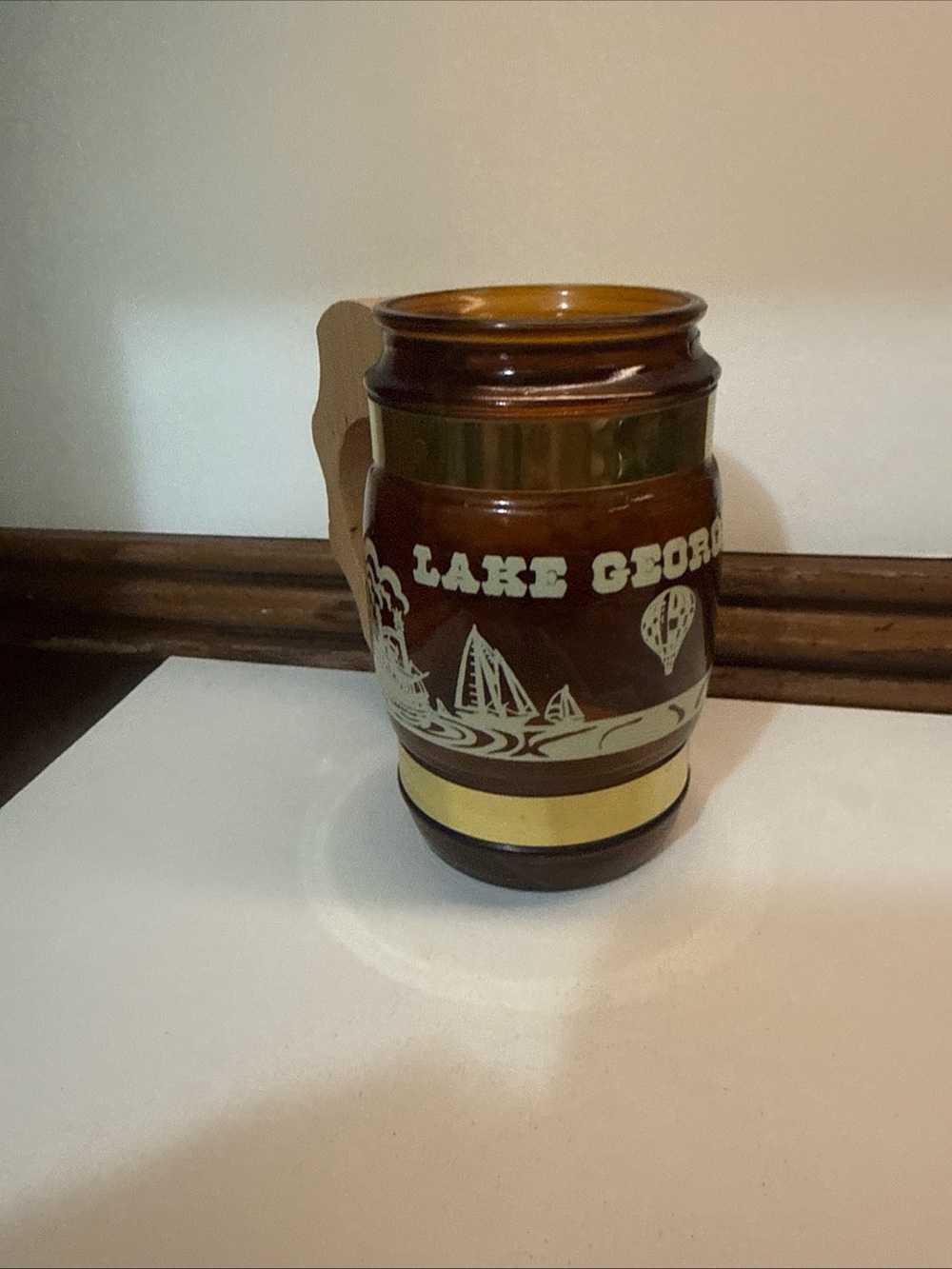 Vintage Lake George NY Travel Mug Brown Gold Made in USA